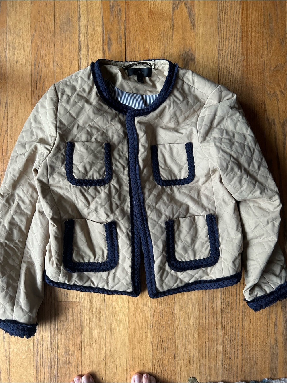J. Crew Quilted khaki Jacket with Navy Trim